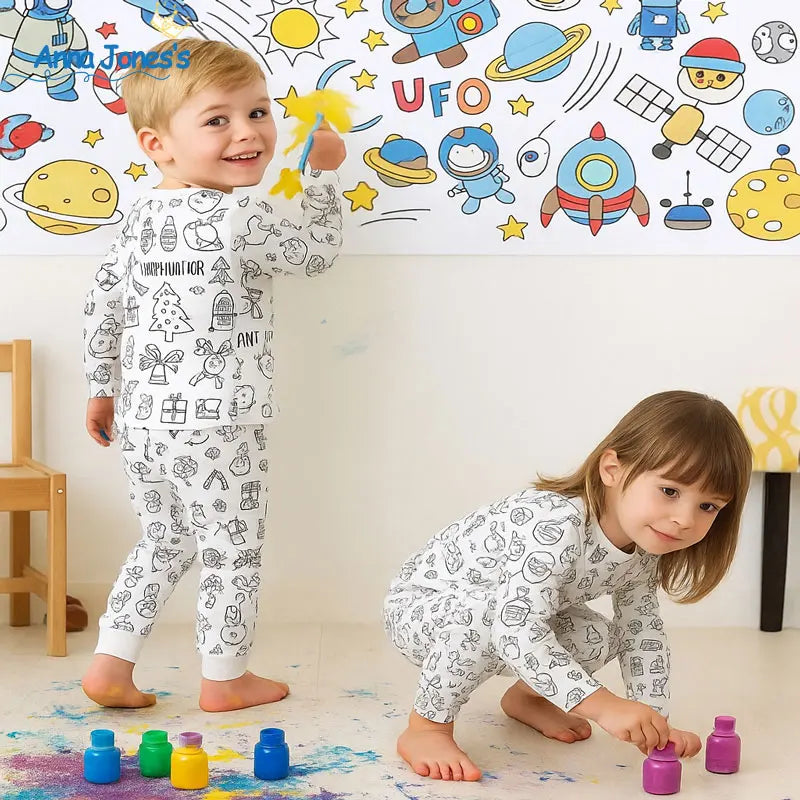Kids Boys Girls Pajama Clothes Set DIY Your Own Handcraft Colorable Long Sleeve Top T-shirt+Pants Children Sleepwear Loungewear