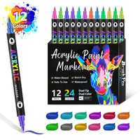 DoodleBub™ 24 Colors Dual Tip Acrylic Paint Markers Set – Vibrant Pigments, Brush & Fine Tips Ideal for DIY, Rock Painting, Art Projects