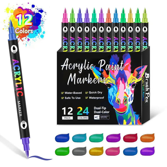 DoodleBub™ 24 Colors Dual Tip Acrylic Paint Markers Set – Vibrant Pigments, Brush & Fine Tips Ideal for DIY, Rock Painting, Art Projects