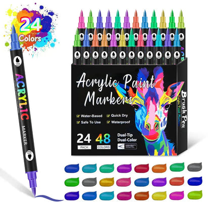 DoodleBub™ 24 Colors Dual Tip Acrylic Paint Markers Set – Vibrant Pigments, Brush & Fine Tips Ideal for DIY, Rock Painting, Art Projects