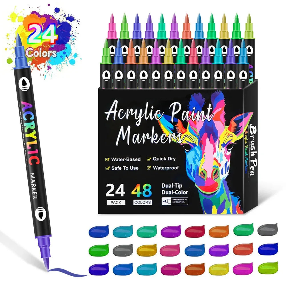 DoodleBub™ 24 Colors Dual Tip Acrylic Paint Markers Set – Vibrant Pigments, Brush & Fine Tips Ideal for DIY, Rock Painting, Art Projects